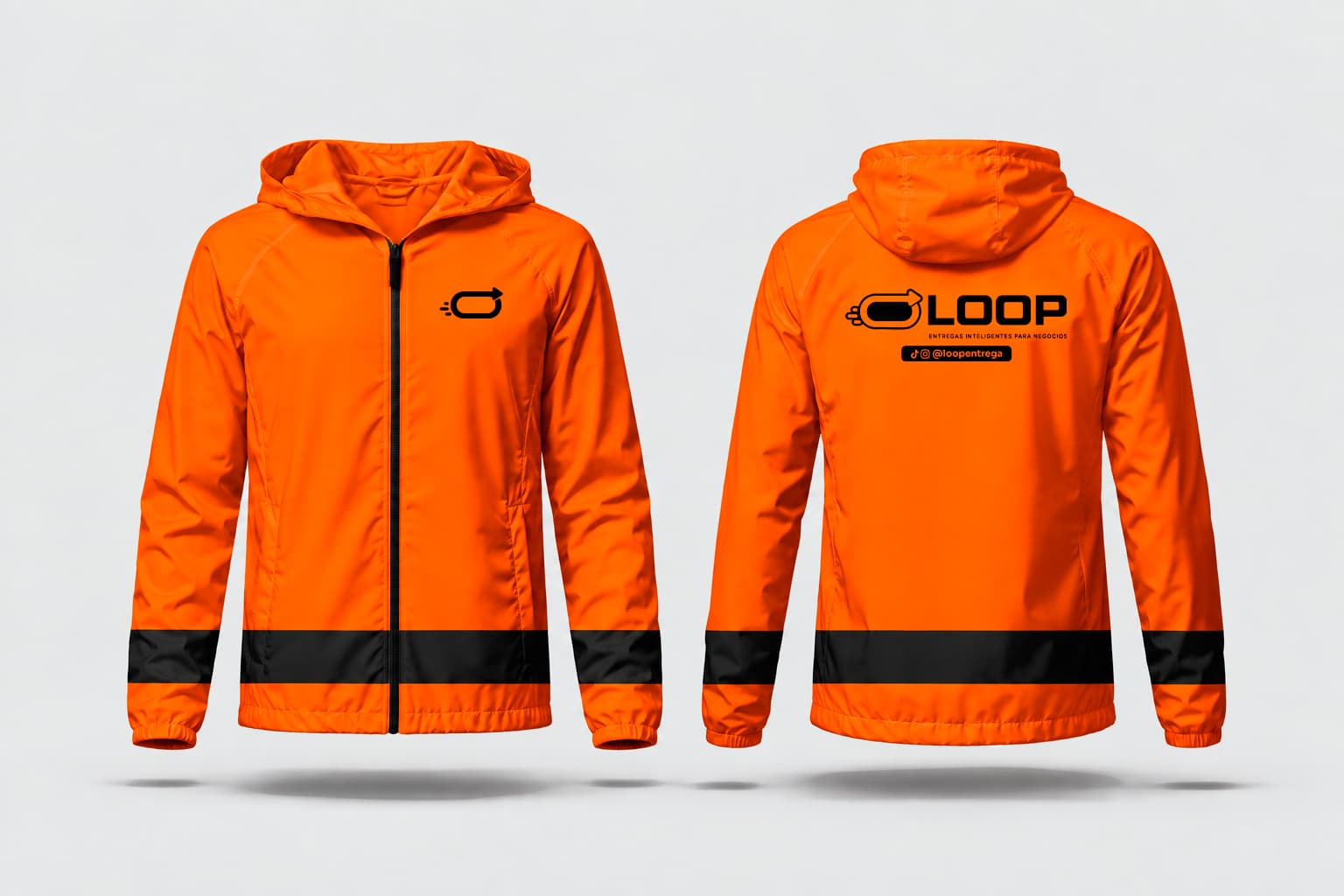 Chaqueta Loop naranja con banda negra, frente y espalda