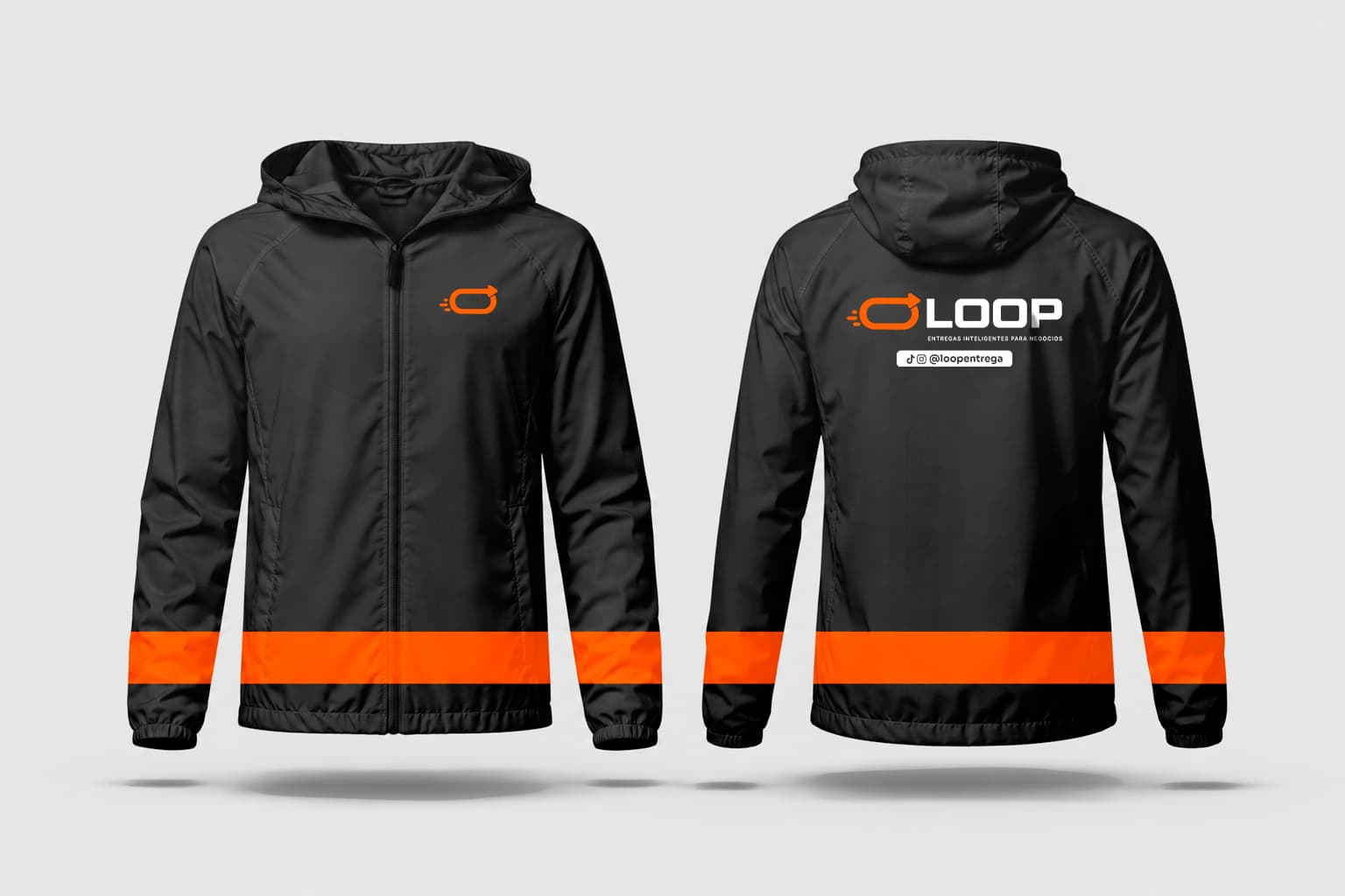 Chaqueta Loop negra con banda naranja reflectante, frente y espalda