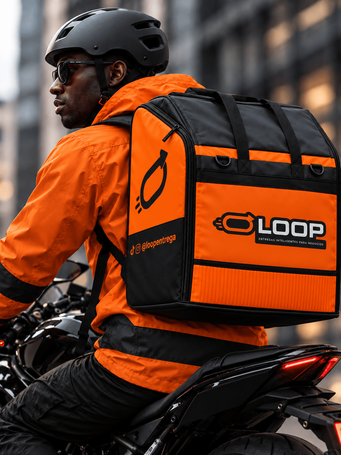 Rider de Loop en moto con chaqueta naranja y mochila térmica de la marca